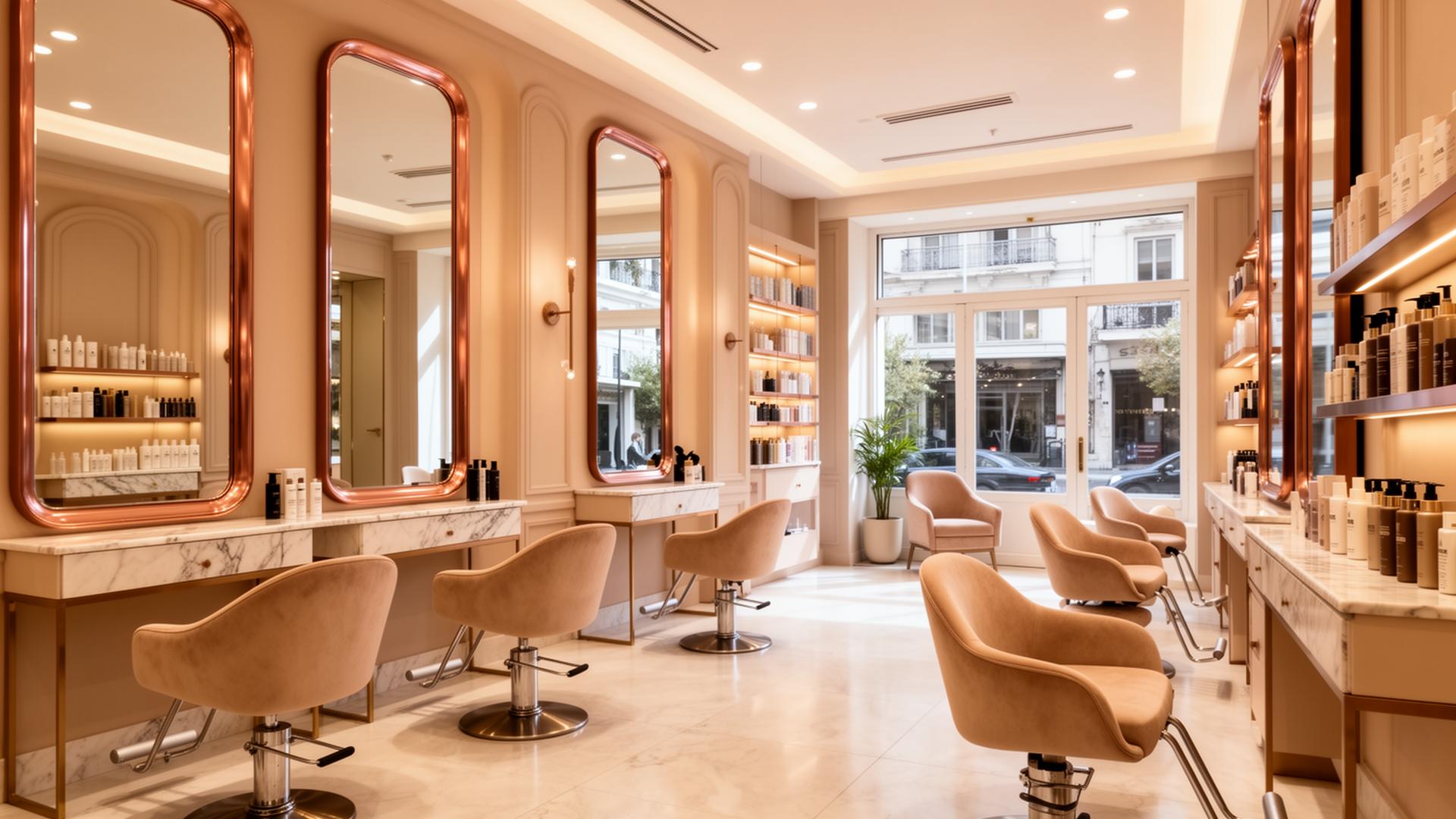 Elegant interior of Hair Heaven hair and beauty salon in Athens with rose-gold mirrors and warm beige styling stations
